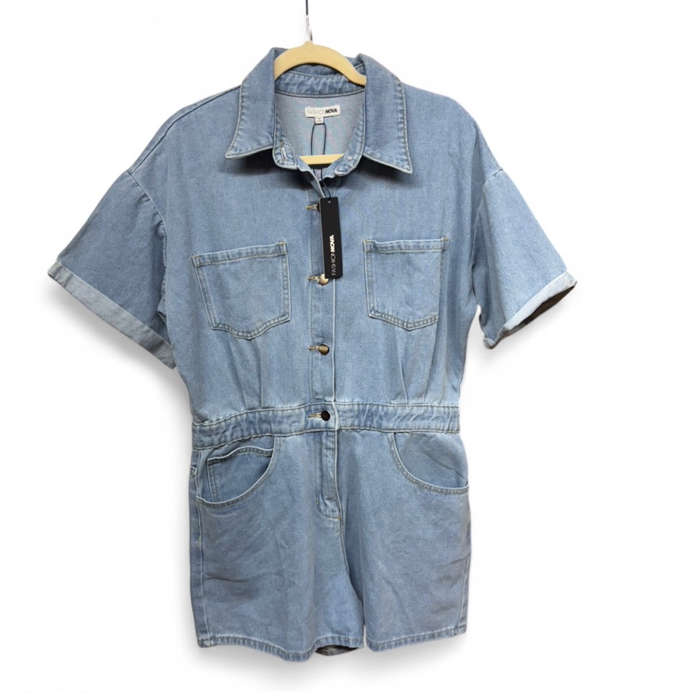 Fashion Nova Women's A Good Day Denim Romper - Picture 2 of 7